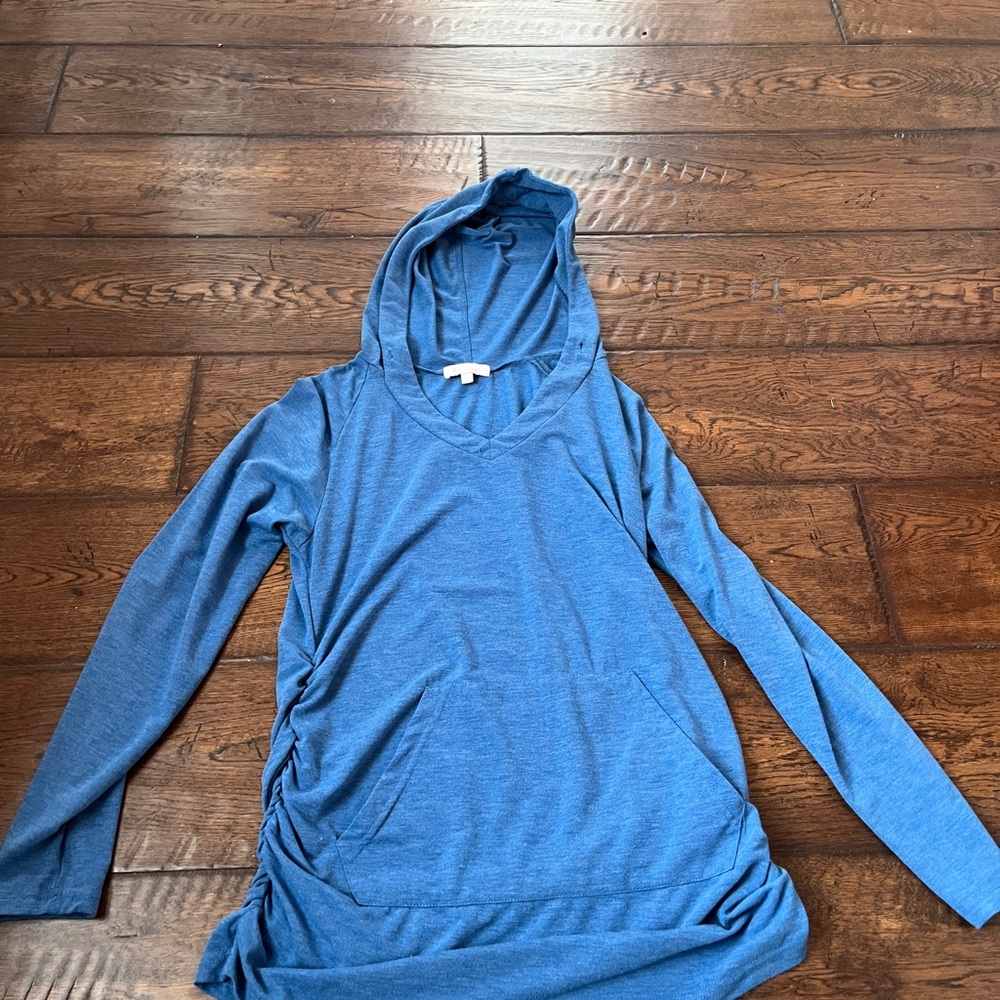 Blue Long Sleeve Women's Maternity Long Sleeve tee with hood and front pocket